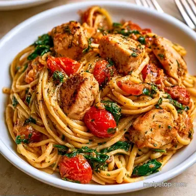 One-Pot Tomato Spinach Chicken Pasta Recipe Card