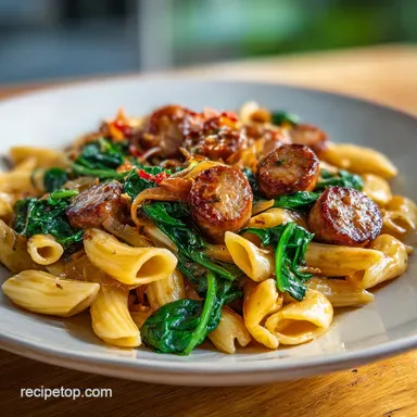 Creamy Sausage Pasta Recipe with Spinach for 4 Servings Recipe Card
