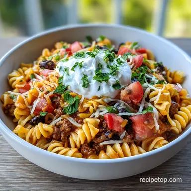 one pot creamy taco pasta recipe - Ready in 30 Min Recipe Card