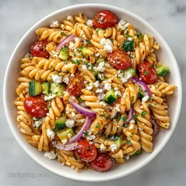 Cucumber Tomato Pasta Salad with Feta Recipe Card