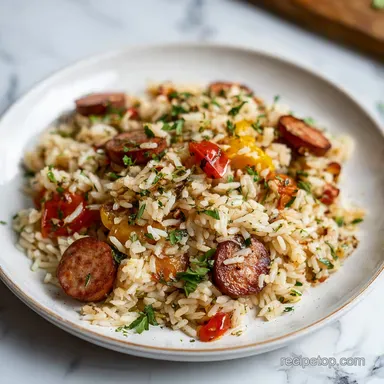 Garlic Sausage and Rice Skillet in 30 Minutes Recipe Card