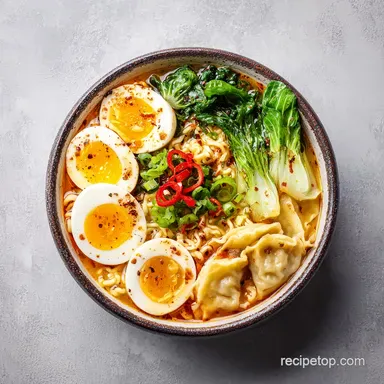 Savory Dumpling Ramen Bowl with Soft-Boiled Eggs in 25 Minutes Recipe Card