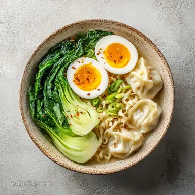 Savory Dumpling Ramen Bowl with Soft-Boiled Eggs in 25 Minutes