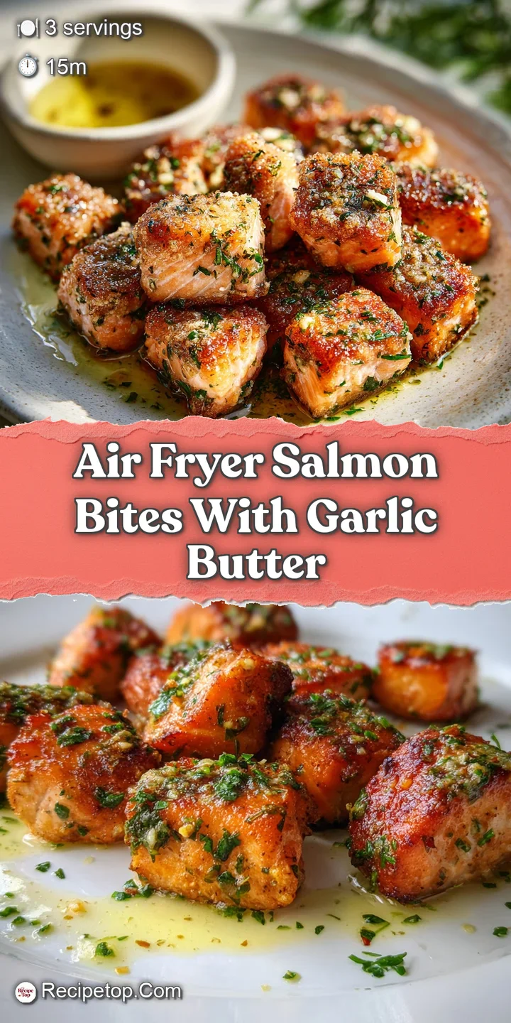 Close-up of juicy air-fried salmon, infused with garlic butter, showing flaky texture and golden edges, ready to be devoured.