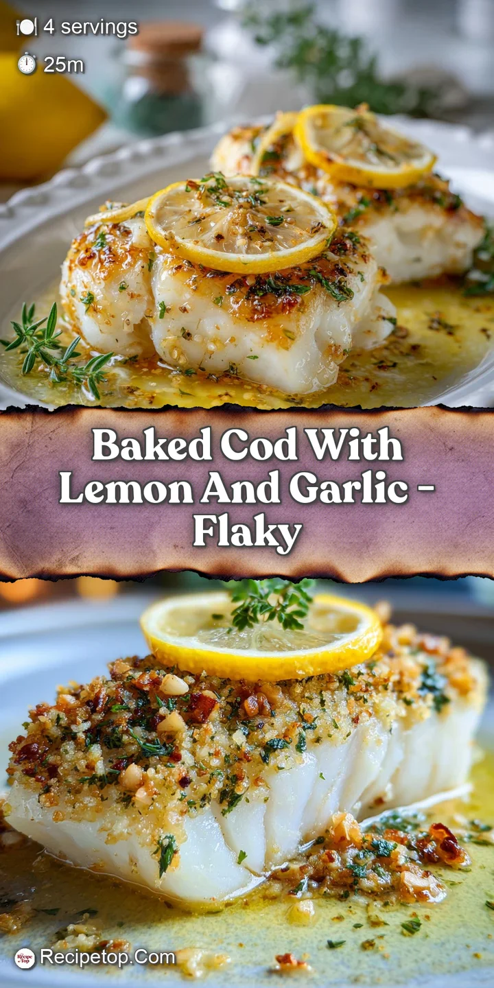 Close-up of tender cod, infused with herbs, and golden garlic, promising a burst of fresh, citrusy flavor and flaky texture.