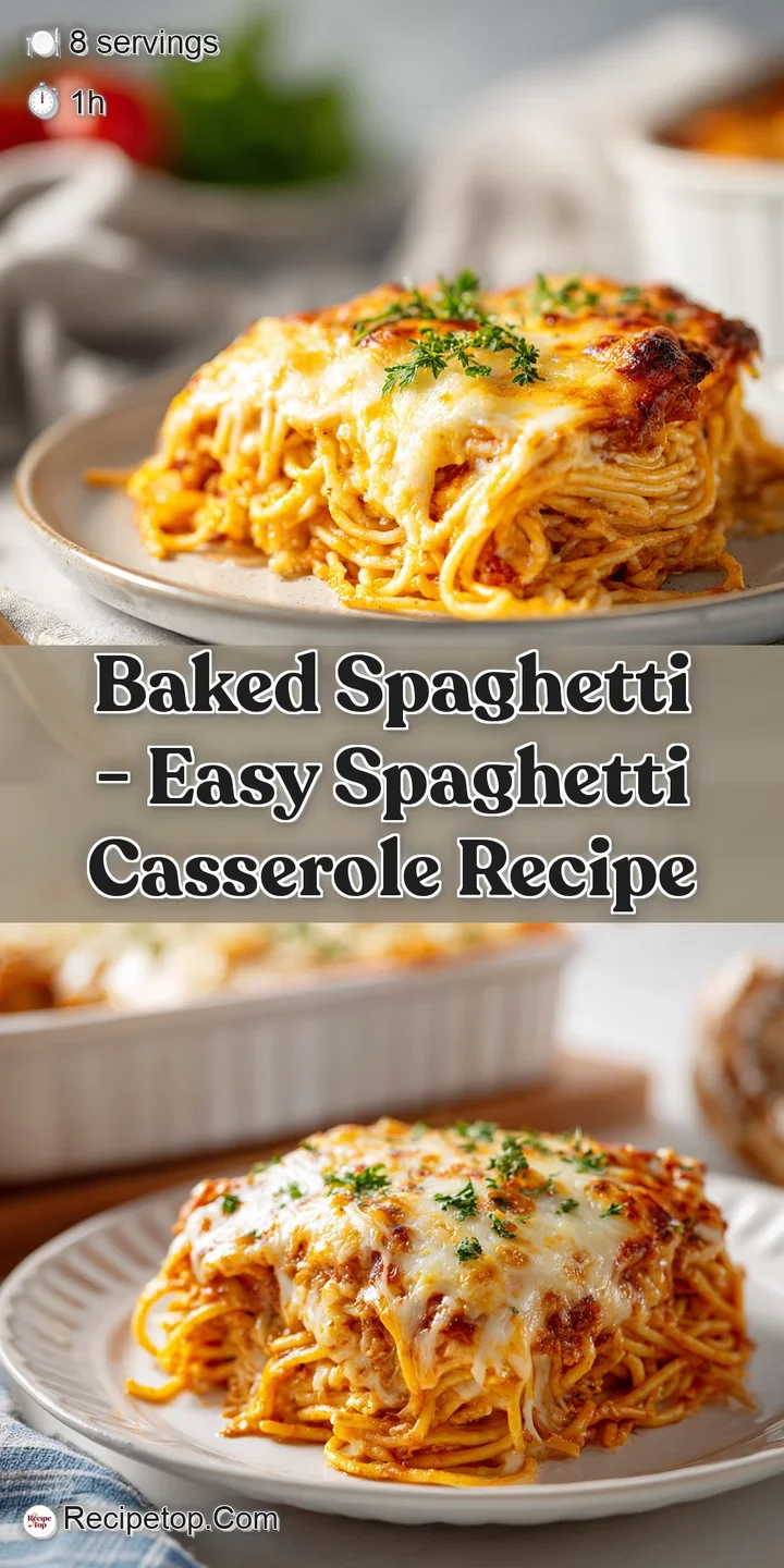 Close-up of cheesy, saucy baked spaghetti strands with golden brown crispy edges.