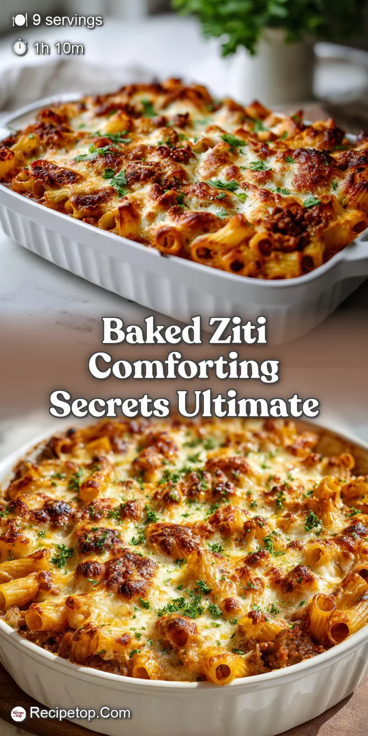 Close-up of baked ziti showing layers of pasta, melted mozzarella, and a vibrant, rich tomato sauce. Comfort food perfection.