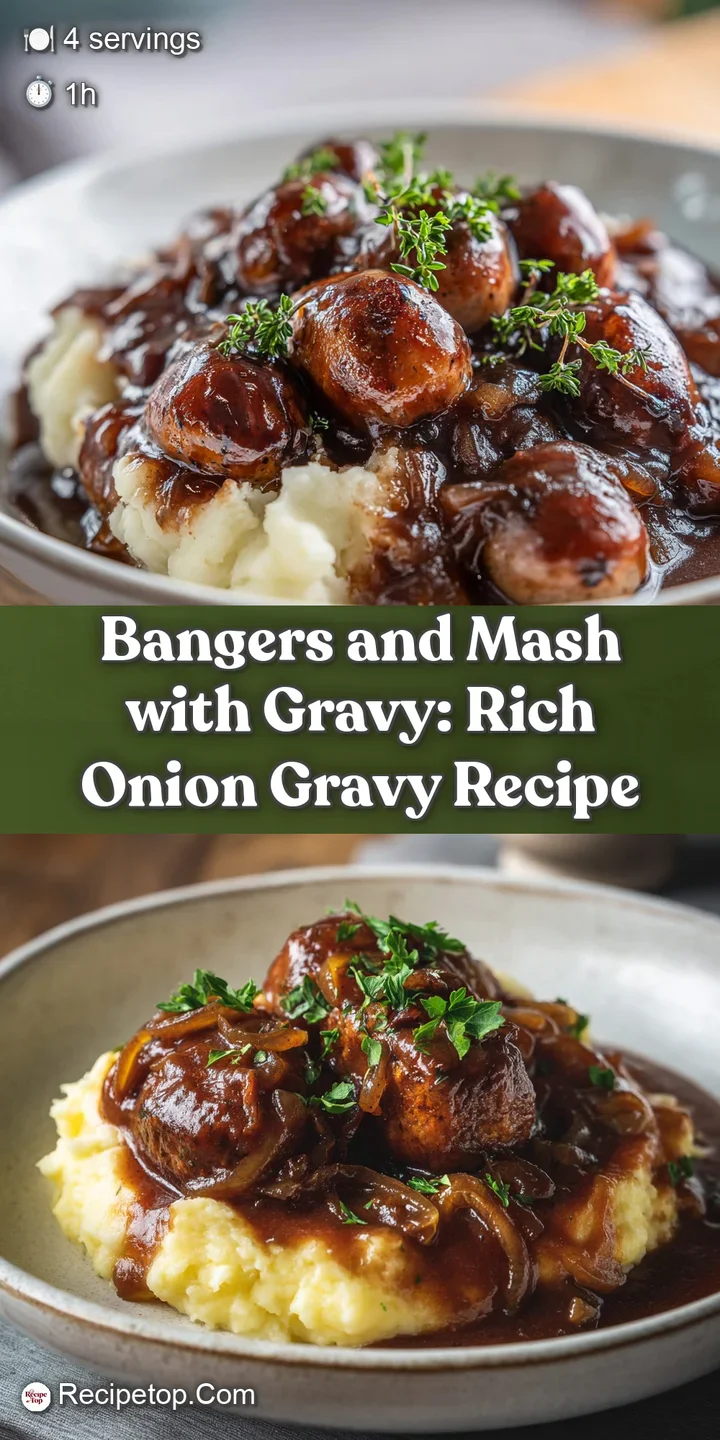 Close-up of bangers and mash with a rich gravy. The glossy gravy highlights the textures of the sausage and creamy potato.