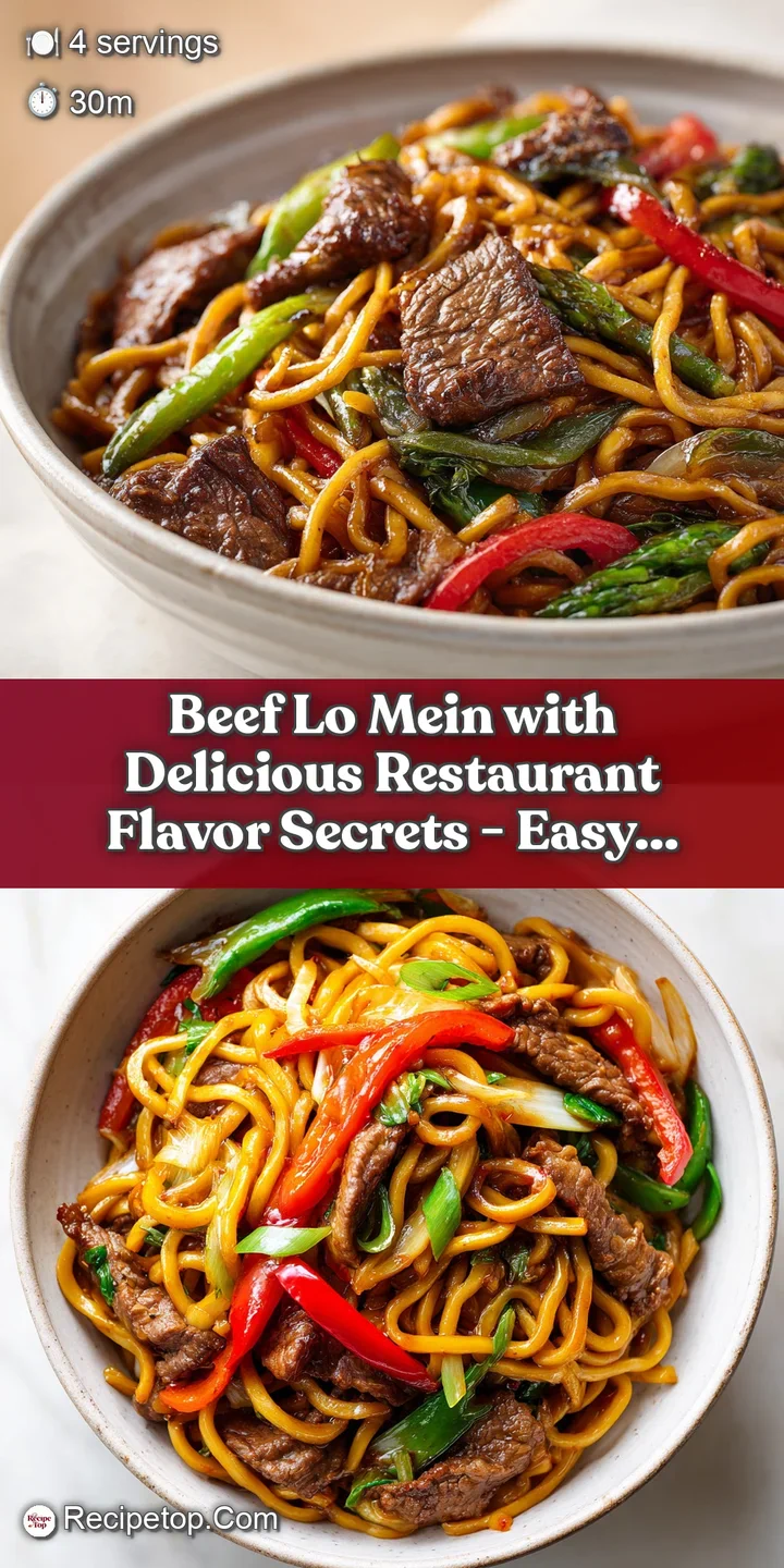 A close-up captures the rich, dark sheen of lo mein noodles intertwined with succulent beef and bright, fresh broccoli flo...