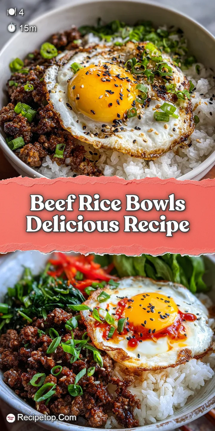 Close-up of a rice bowl featuring juicy, marinated beef and colorful toppings. The beef appears glistening and inviting.