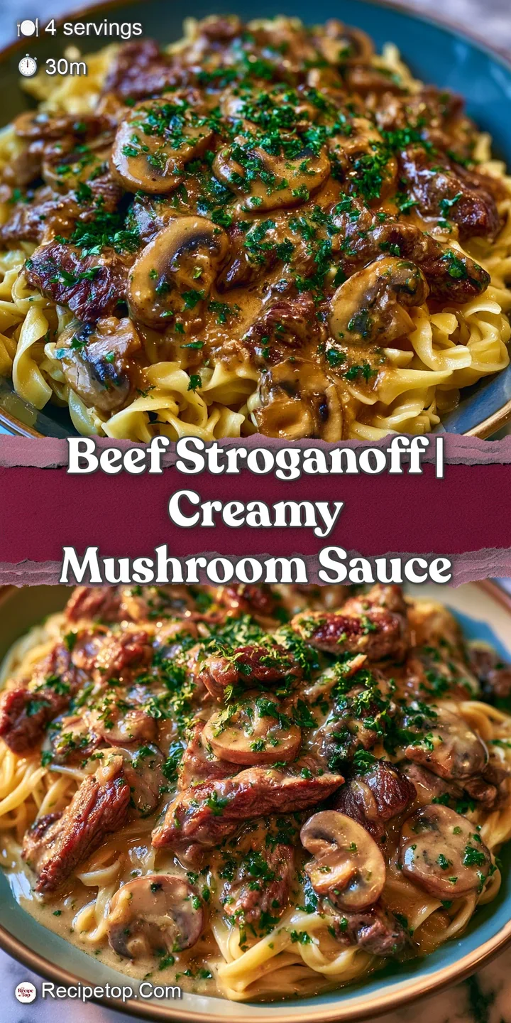 Close-up of tender beef strips coated in a glossy, creamy mushroom gravy with a sprinkle of fresh chopped green herbs.
