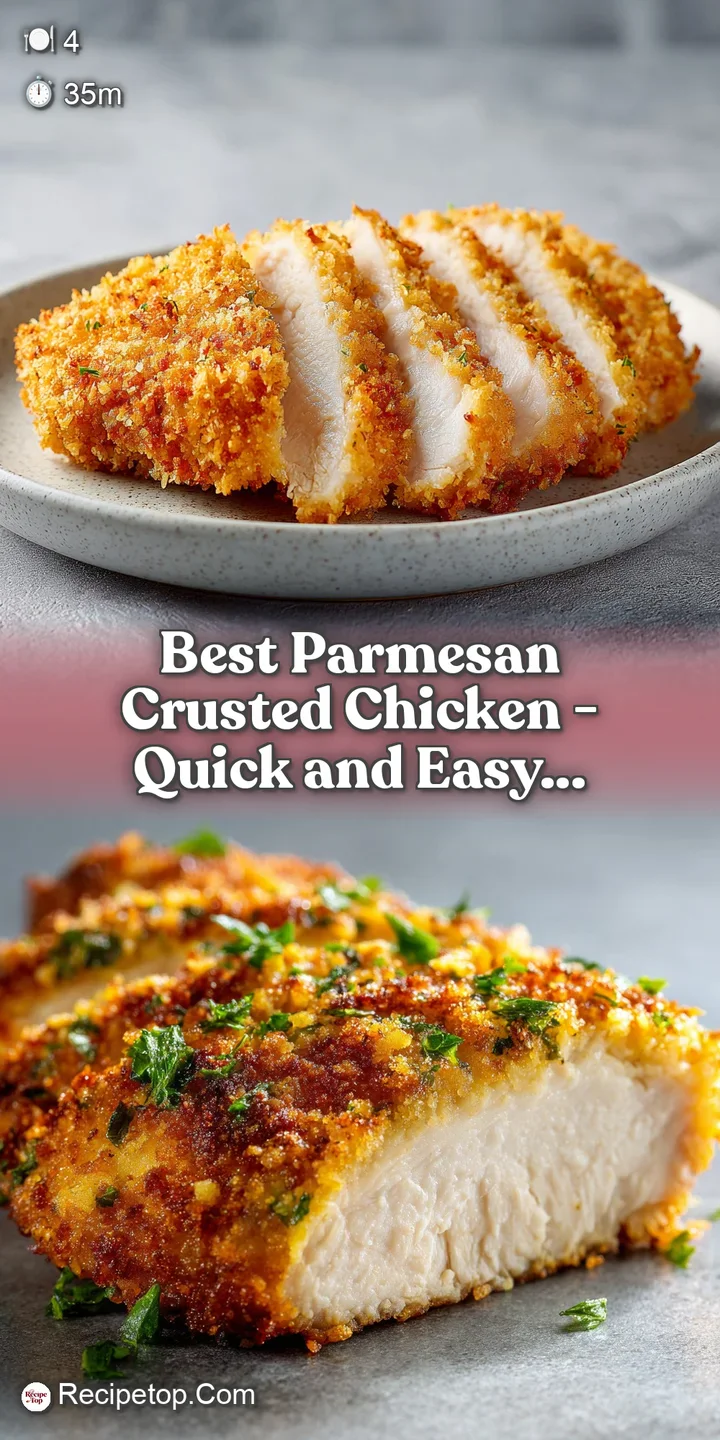 Close-up of a golden-brown cheese crust with visible toasted parmesan crumbles and glistening juicy white meat.