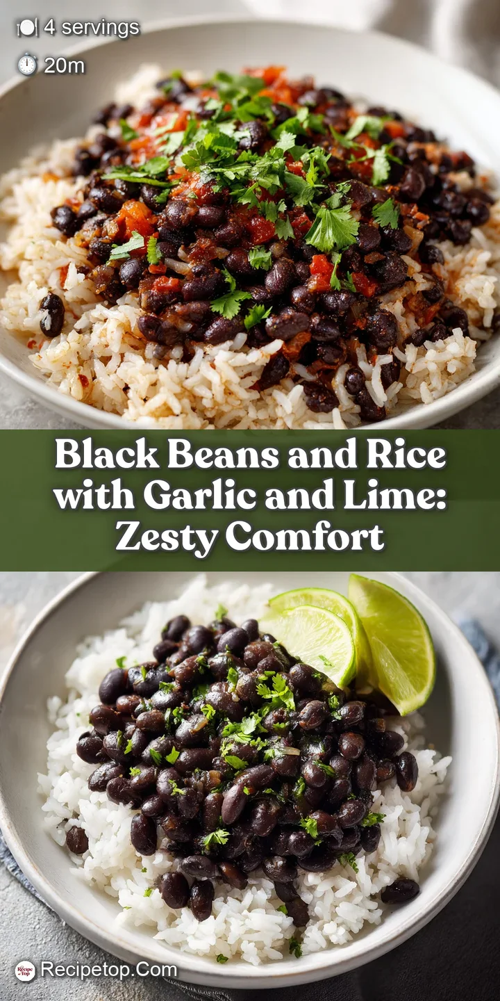 Close-up of glossy black beans mixed with fluffy rice. Steam rises, carrying the aroma of garlic and a bright note of lime.