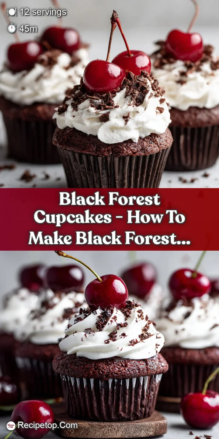 Close-up of a fluffy chocolate cupcake with dollops of cream and glistening cherries.