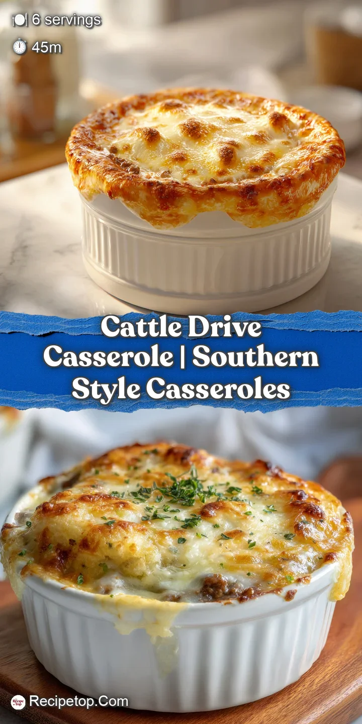 Close-up of melted, gooey cheese stretching over seasoned brown beef and a rich, creamy sauce in a rustic dish.