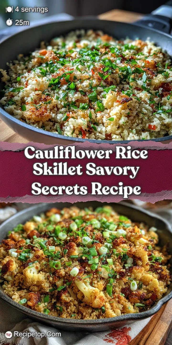 Close-up of savory cauliflower rice skillet; flecks of herbs, browned bits of veggies create a tempting texture.