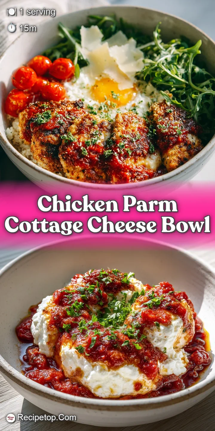 Mouthwatering view of juicy chicken, melted mozzarella, and rich tomato sauce swirled into fluffy cottage cheese in a whit...