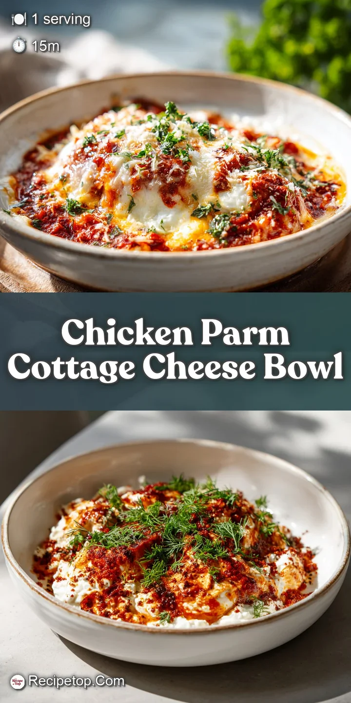 Close-up of tender chicken bathed in rich tomato sauce, gooey melted cheese, and creamy cottage cheese creating an appetiz...