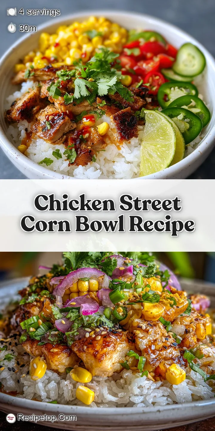 Close-up showcasing the charred, sweet kernels of grilled corn and tender chicken, accented by the smooth, cool yogurt crema.