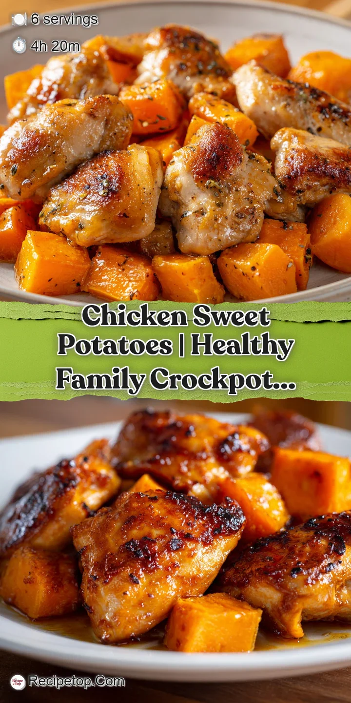 Close-up of juicy, slow-cooked chicken with a glistening glaze next to a soft, caramelized orange sweet potato wedge.