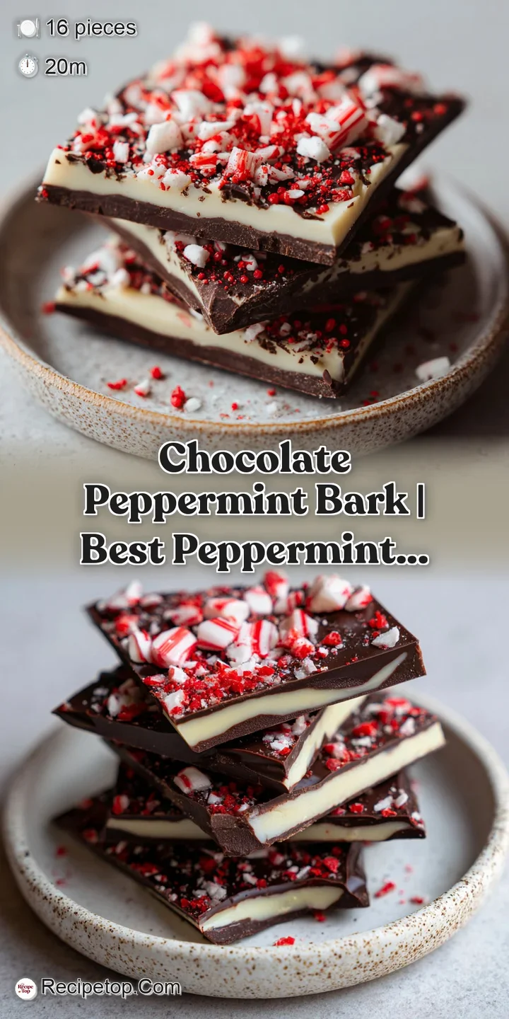 Close-up of glossy dark chocolate and creamy white layers topped with vibrant red crushed peppermint candy.