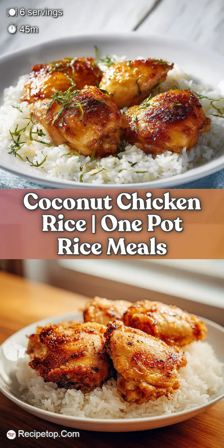 Extreme close-up of tender chicken nestled in creamy, pearlescent rice with a rich, glossy coconut sauce glaze.