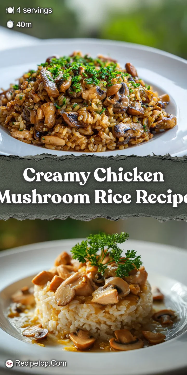 Close-up shot of glossy, creamy rice with juicy chicken and plump mushrooms. Rich and comforting, inviting texture.