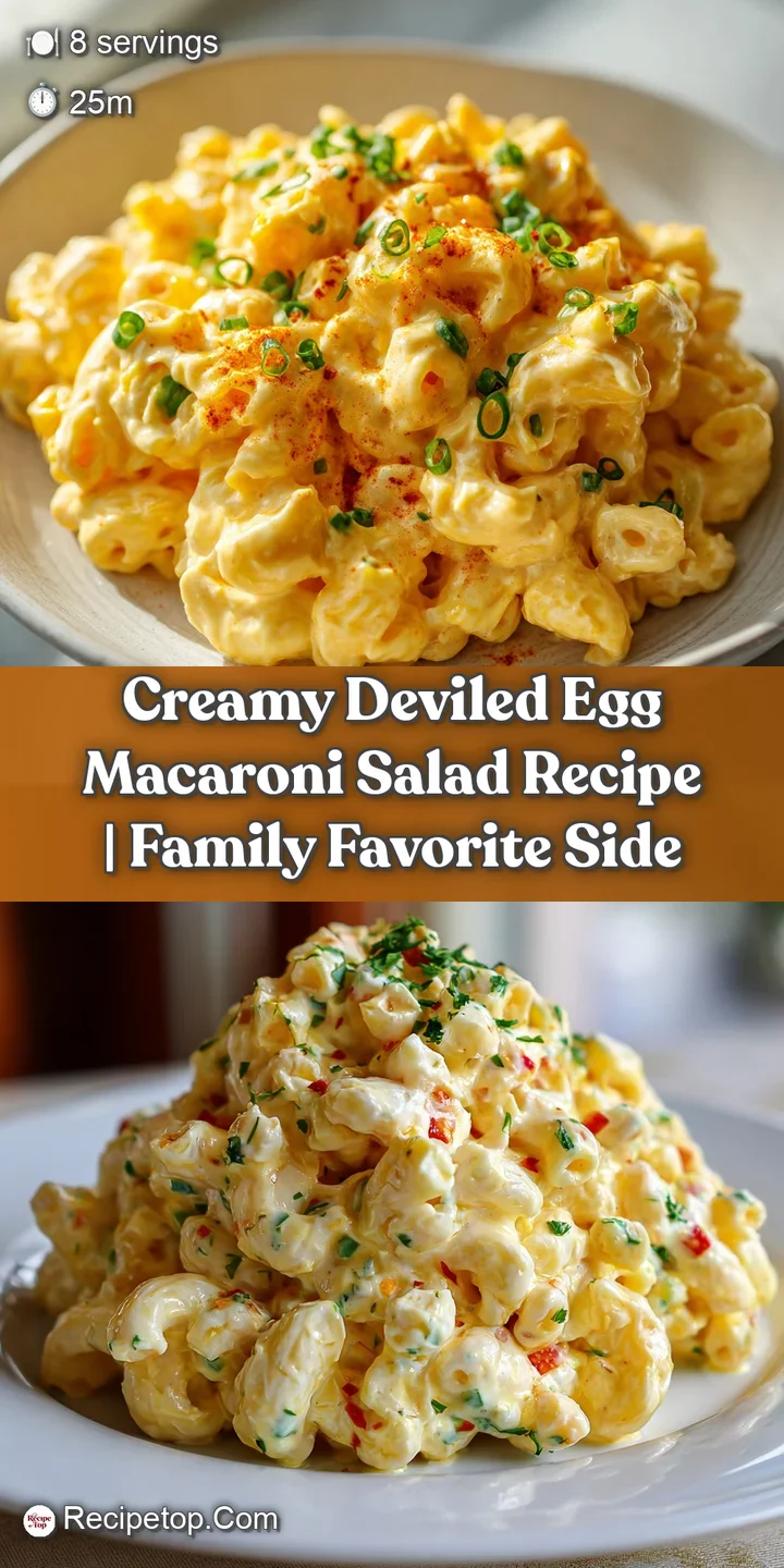 Close-up of a creamy macaroni salad, highlighting the smooth texture and pops of color from the deviled egg filling and he...