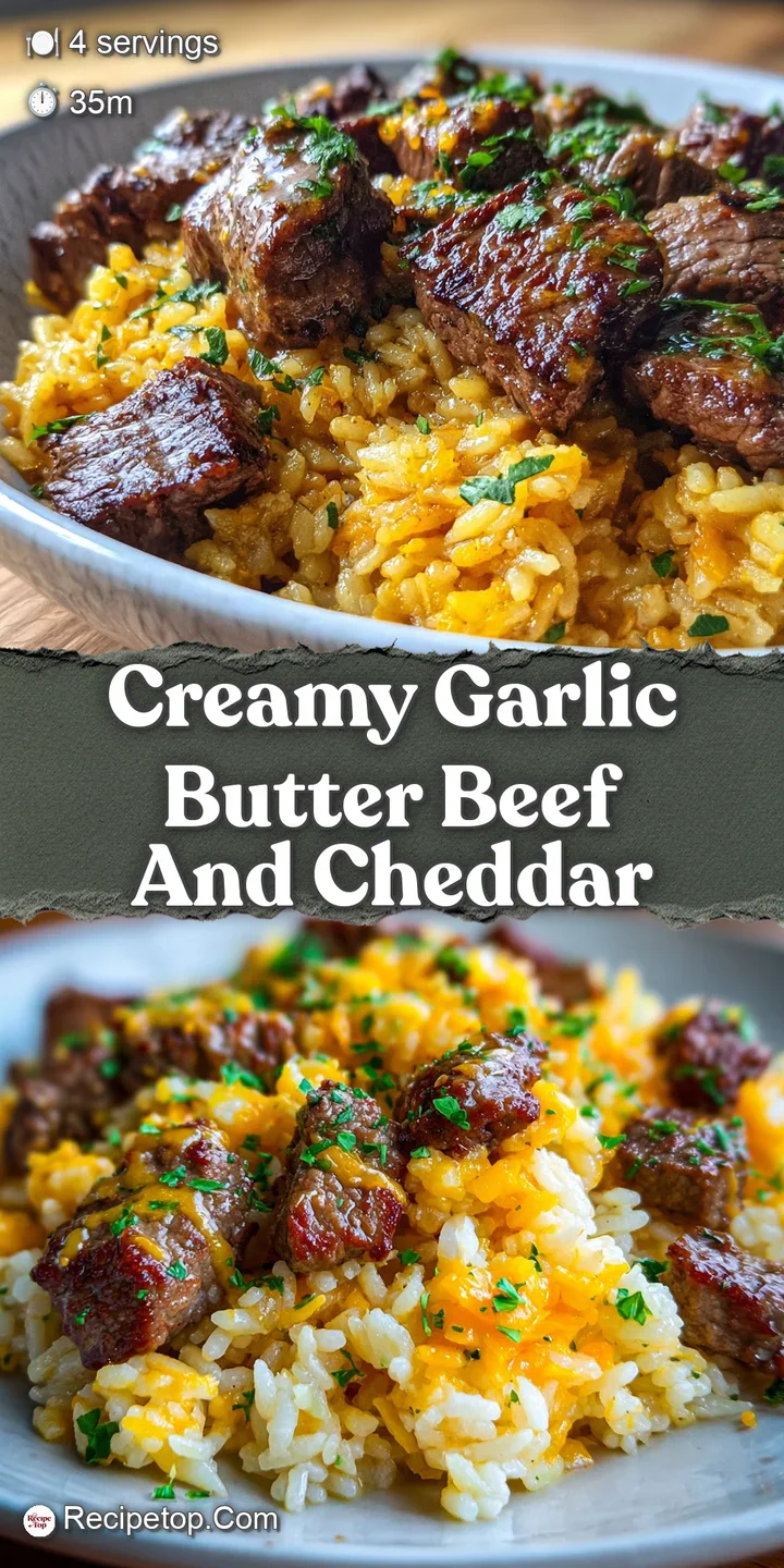 Close-up shows tender beef cubes swimming in creamy, cheesy garlic sauce, the surface shimmering with melted butter and vi...
