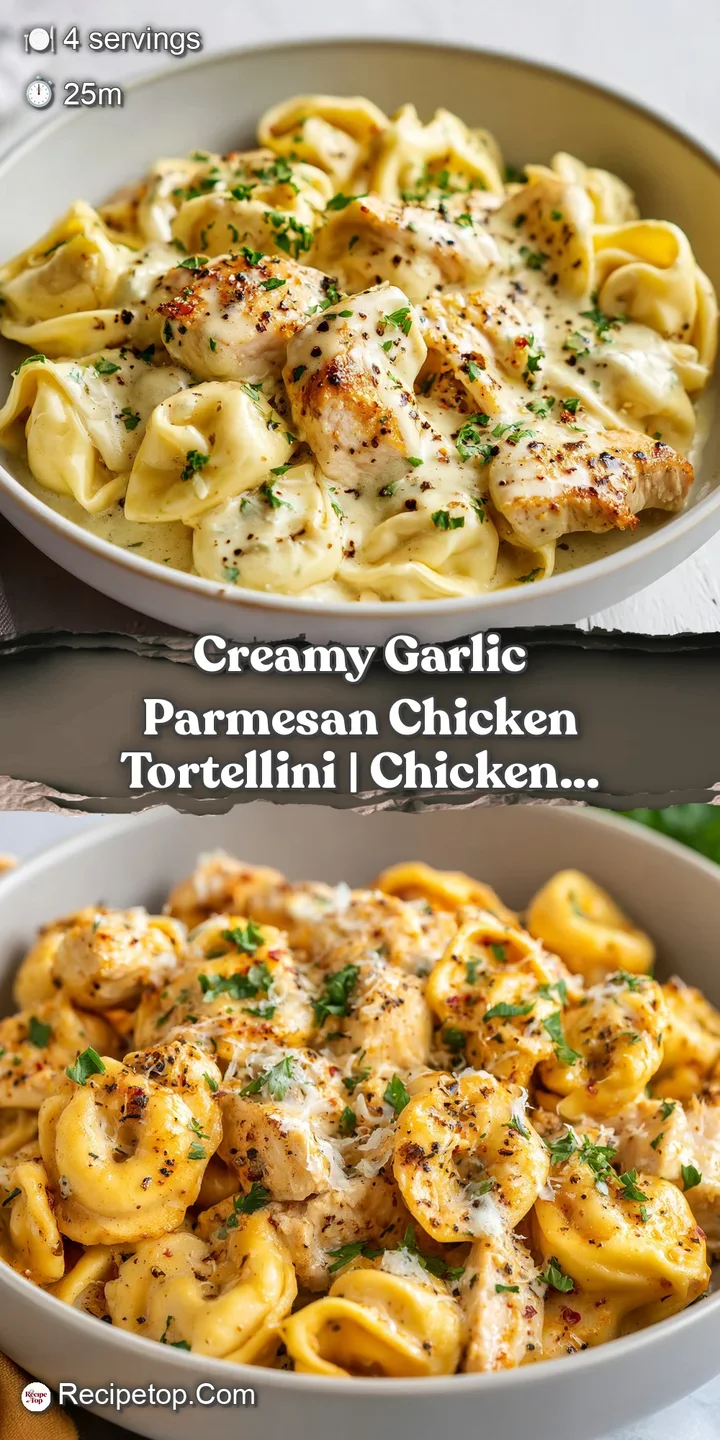 Close-up of plump tortellini coated in luscious, smooth garlic parmesan sauce, showcasing tender chicken and bright green ...