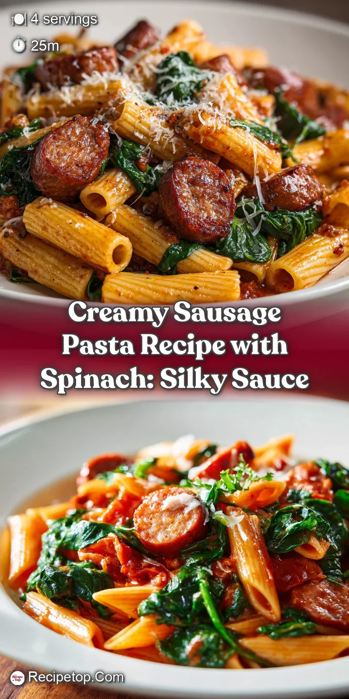 Close-up of creamy sausage pasta showing rich, light sauce coating each noodle. Visible flecks of herbs, warm, and satisfy...