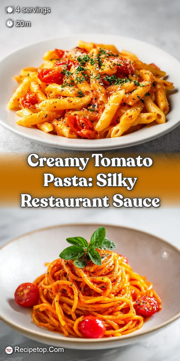 Close-up of luscious tomato pasta strands coated in creamy sauce, highlighting the dish's texture and inviting, comforting...