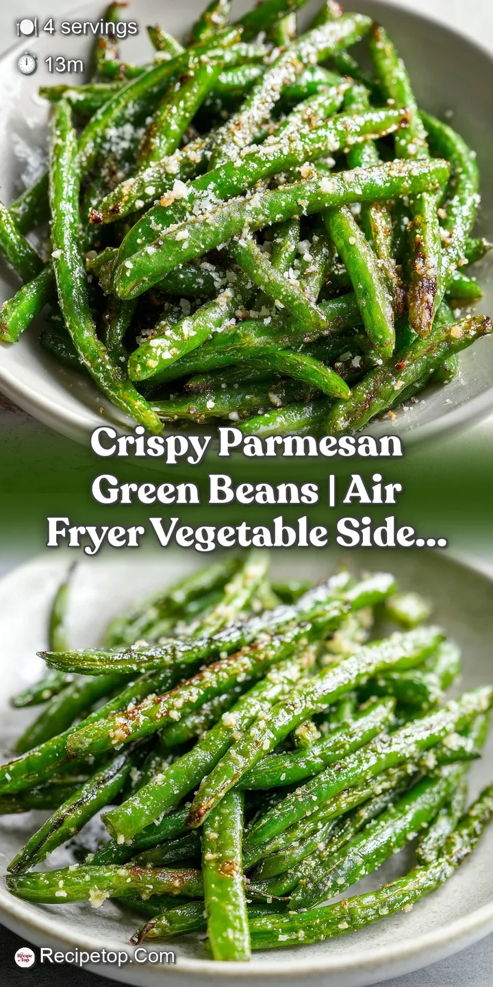 Close-up shows wrinkled, blistered texture of hot, cheesy green beans; Parmesan lightly browned and fragrant, a delicious ...