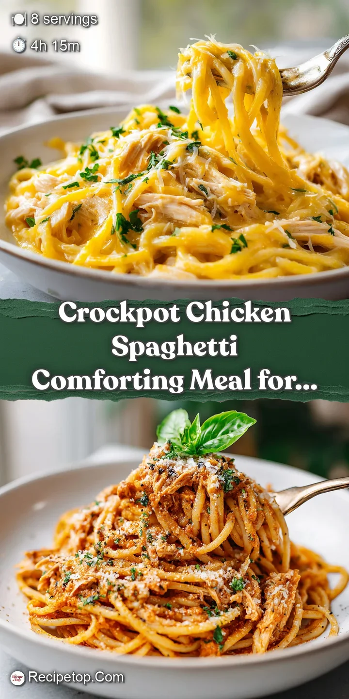 Close-up of chicken spaghetti: golden-brown baked noodles peeking through creamy, rich sauce. Hints of tender chicken and ...