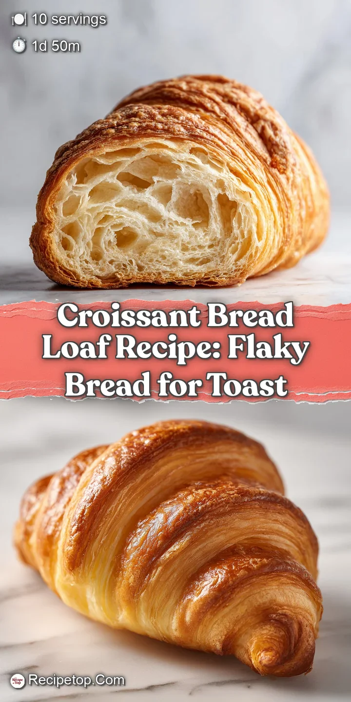 Close-up reveals the golden-brown crust and soft, airy interior of this croissant loaf. Buttery sheen promises deliciousness.