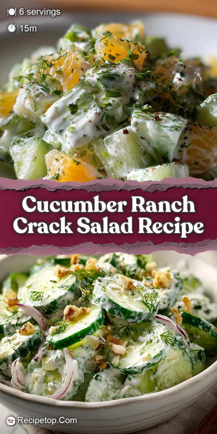 Close-up of crisp green cucumbers tossed in creamy ranch, speckled with herbs and cracker pieces, cool and inviting.