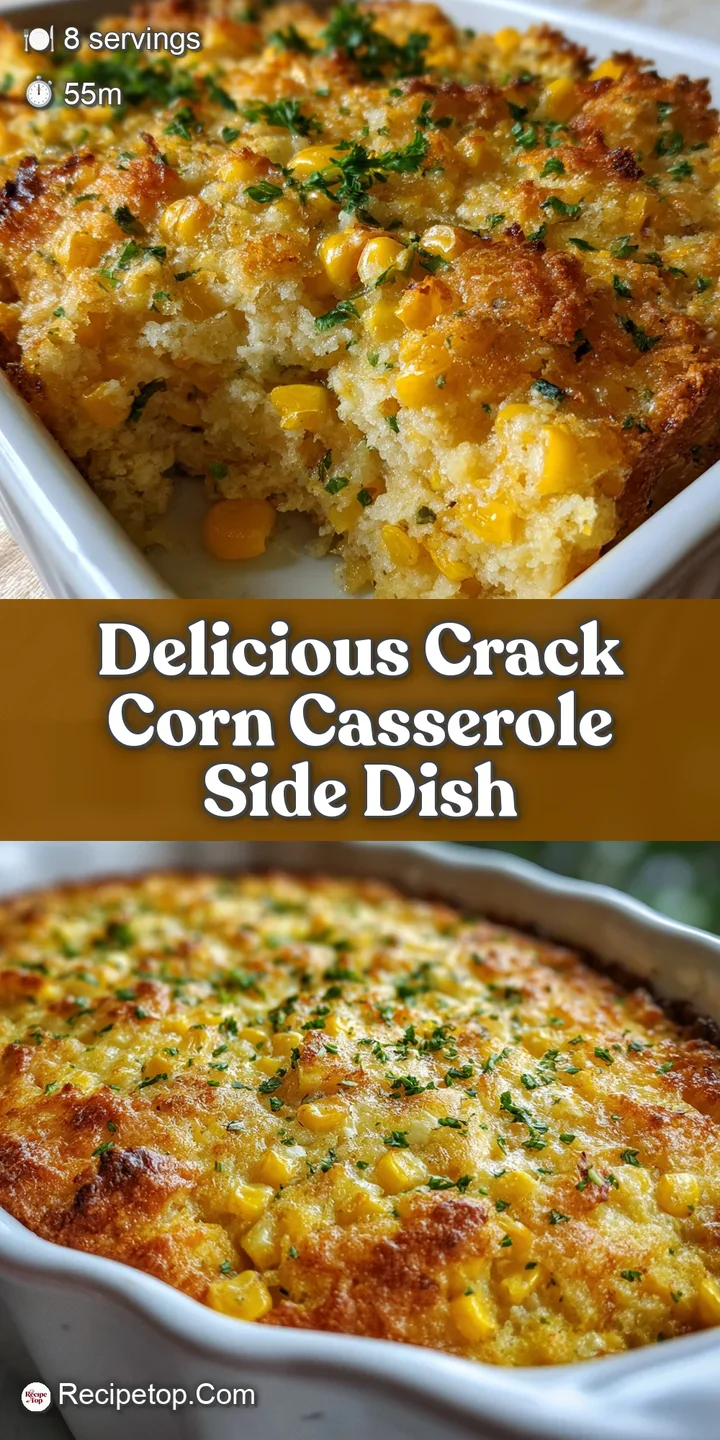 Buttery, golden crack corn casserole with a slightly caramelized crust. Close-up showing tender corn and creamy sauce.