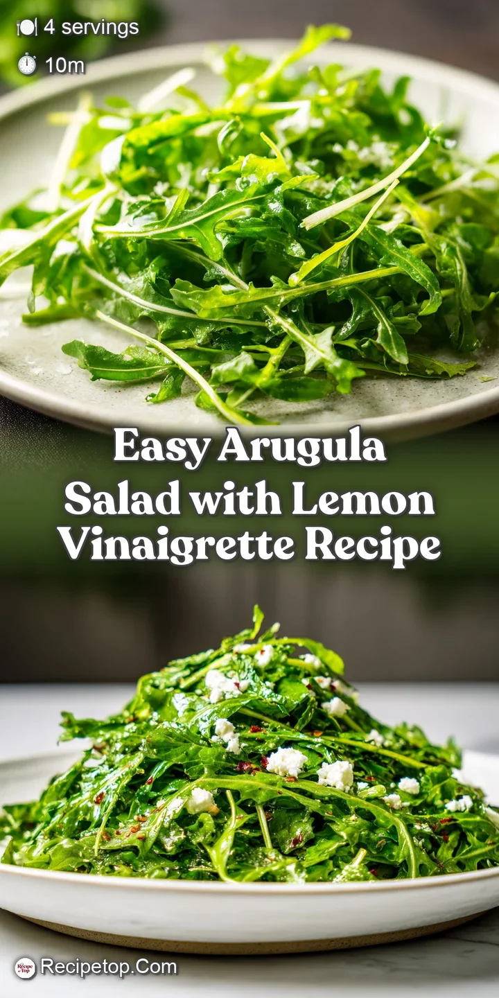 Close-up of fresh arugula leaves glistening with a lemon vinaigrette, highlighting the salad's bright, peppery flavor.