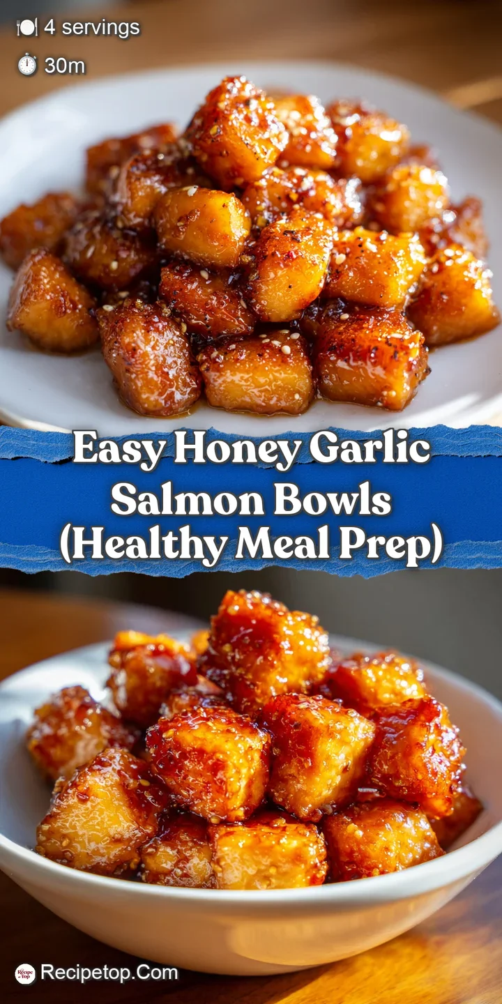 Close-up of sticky honey garlic glaze shimmering on a seared salmon fillet topped with toasted sesame and green onions.