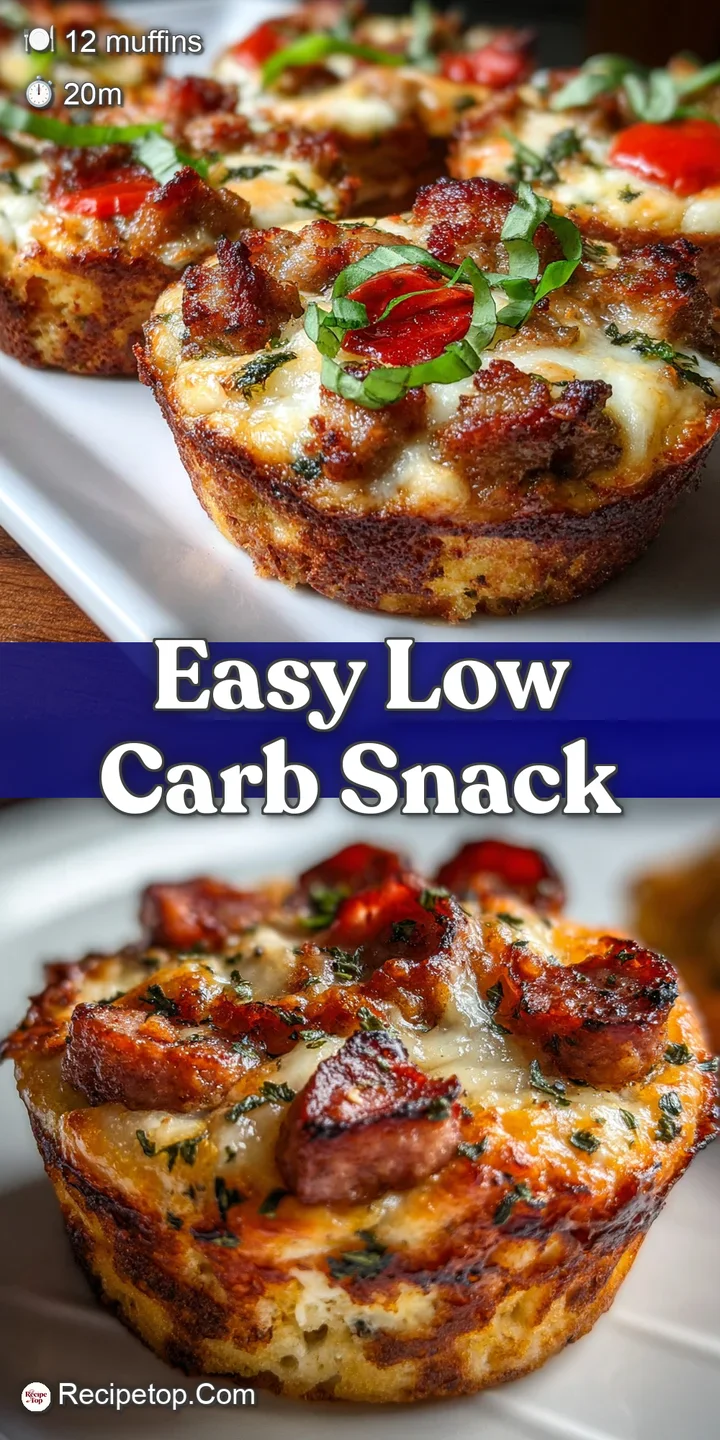 Close-up of a carnivore pizza muffin: browned sausage & bubbling, melted cheese create a tempting, savory single bite snack.