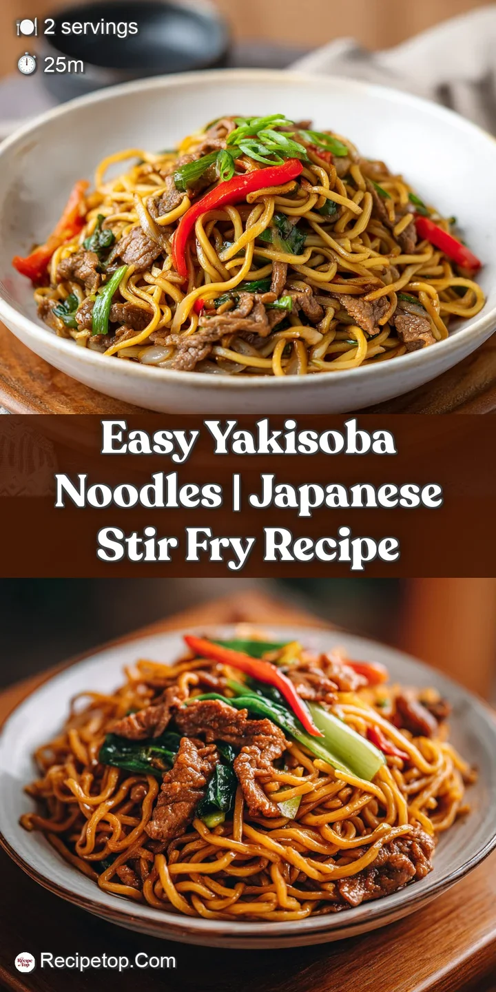 Close-up of glistening yakisoba noodles, showing the savory sauce clinging to the noodles and crispy browned edges of vege...