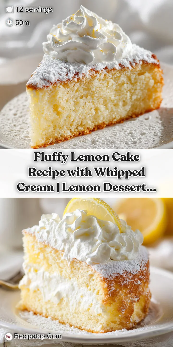 Close-up of a moist, fluffy lemon cake slice with a vibrant yellow hue, fluffy whipped cream, and a glistening sugar dusting.
