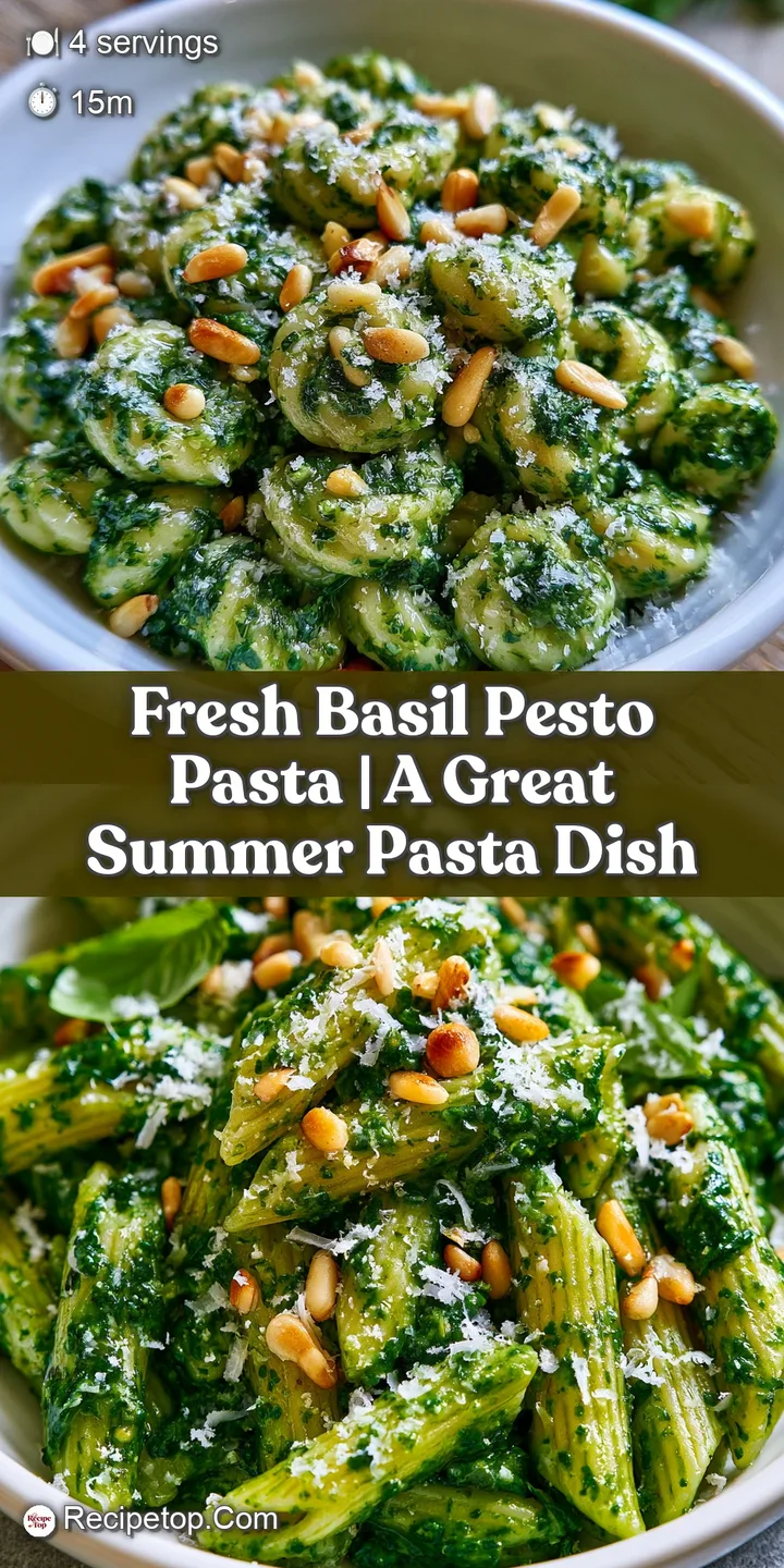 Close-up of glossy, pesto-coated pasta strands topped with creamy pine nuts and shards of aged parmesan.