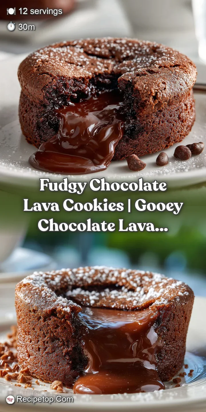 A close-up reveals a rich, gooey chocolate lava center oozing from a dark cookie.