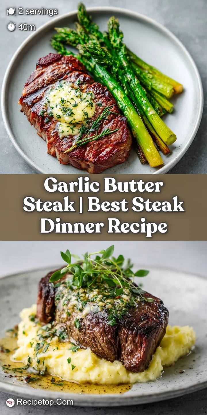 Close-up of a thick steak, showcasing its caramelized crust and savory garlic butter pooling on its surface, invitingly.