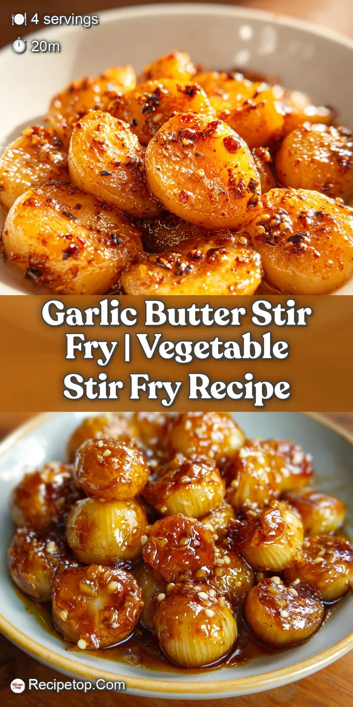 Close-up of tender, pan-seared vegetables glistening under a rich garlic butter sauce with toasted golden aromatics.