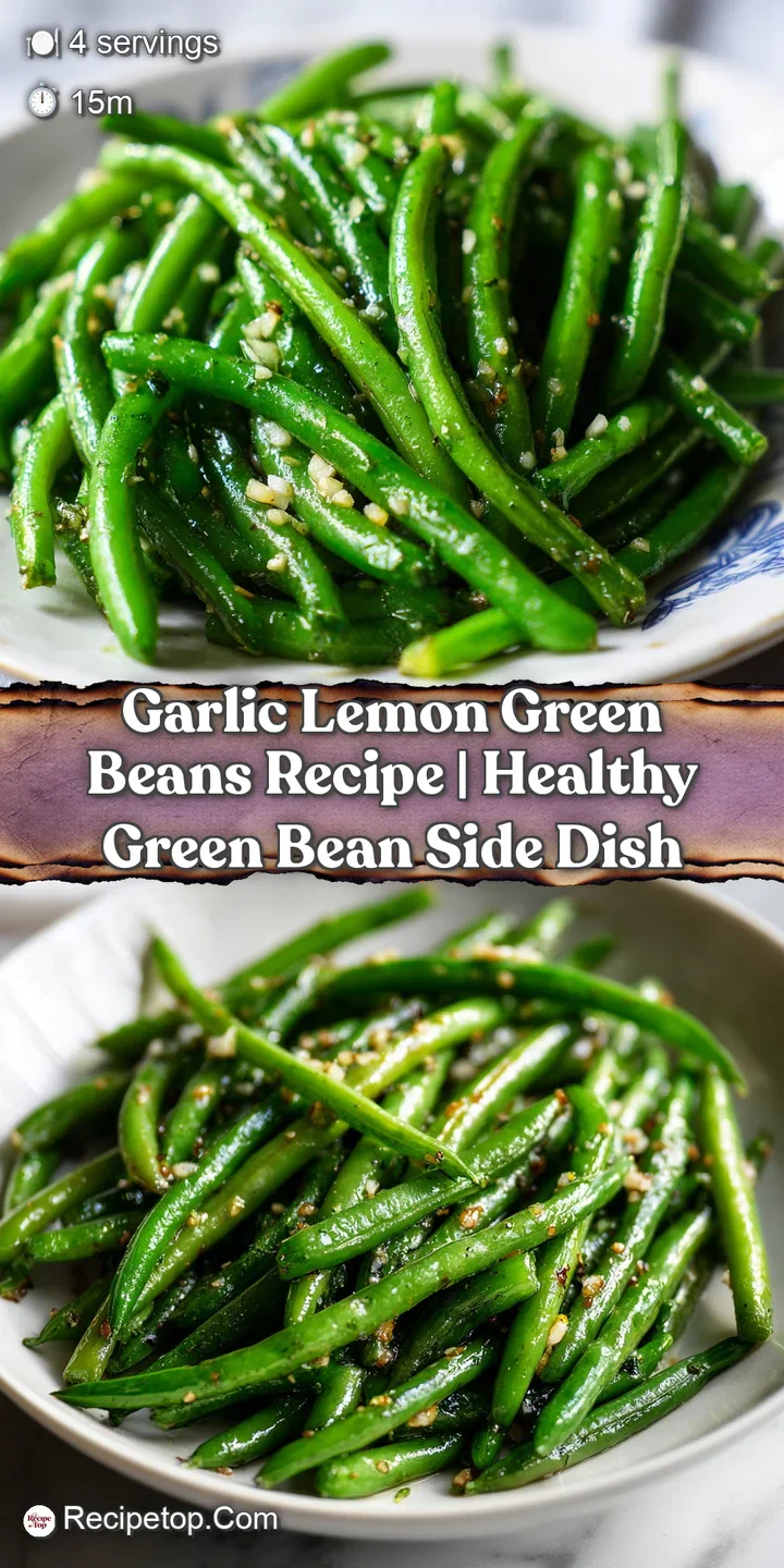 Close-up of bright, crisp green beans, coated in a shimmering garlic-lemon dressing, with hints of char from roasting.