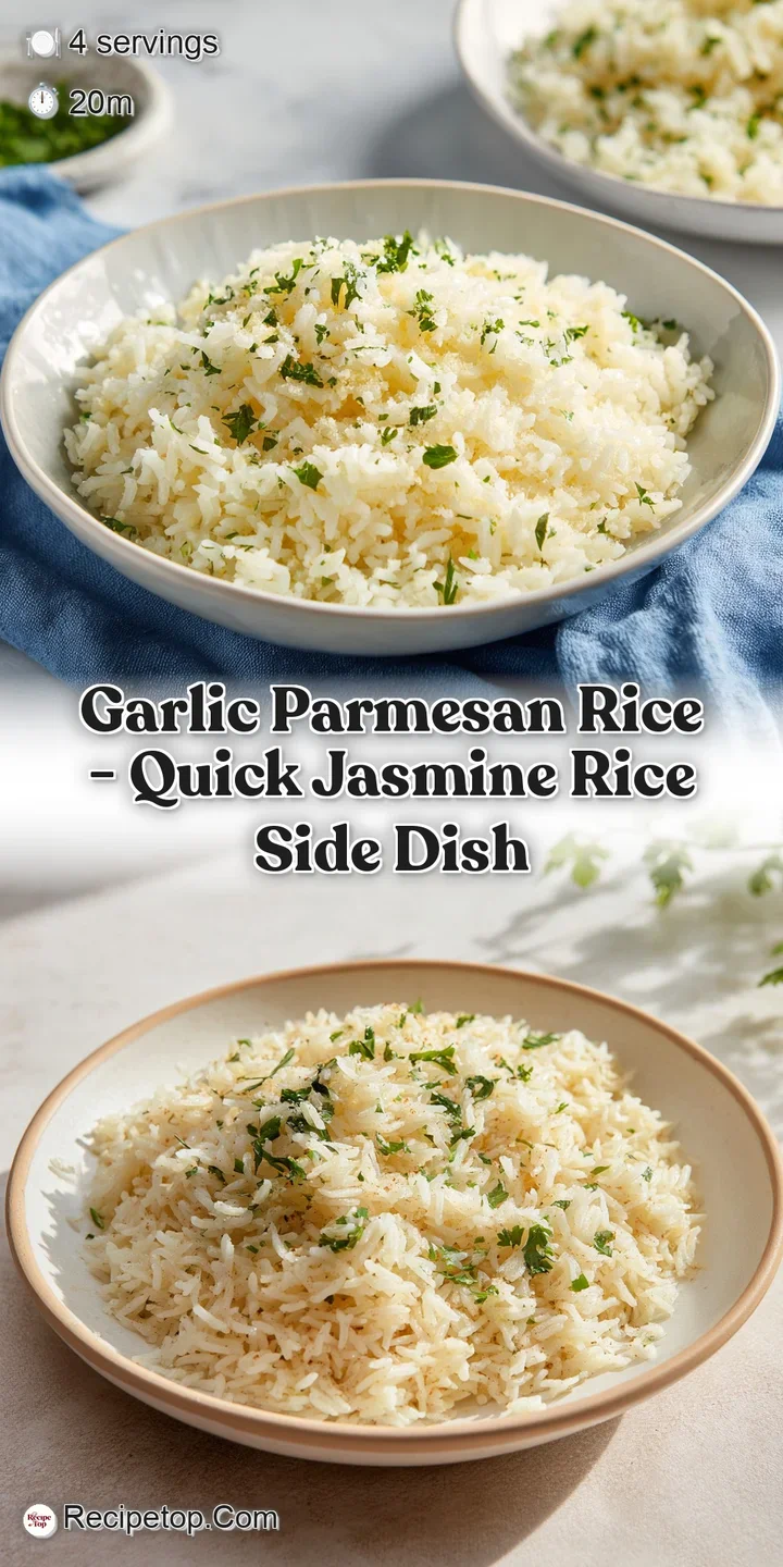 Close-up of garlic parmesan rice: glossy and rich, with visible grains of parmesan and flecks of green herbs. Mouthwaterin...