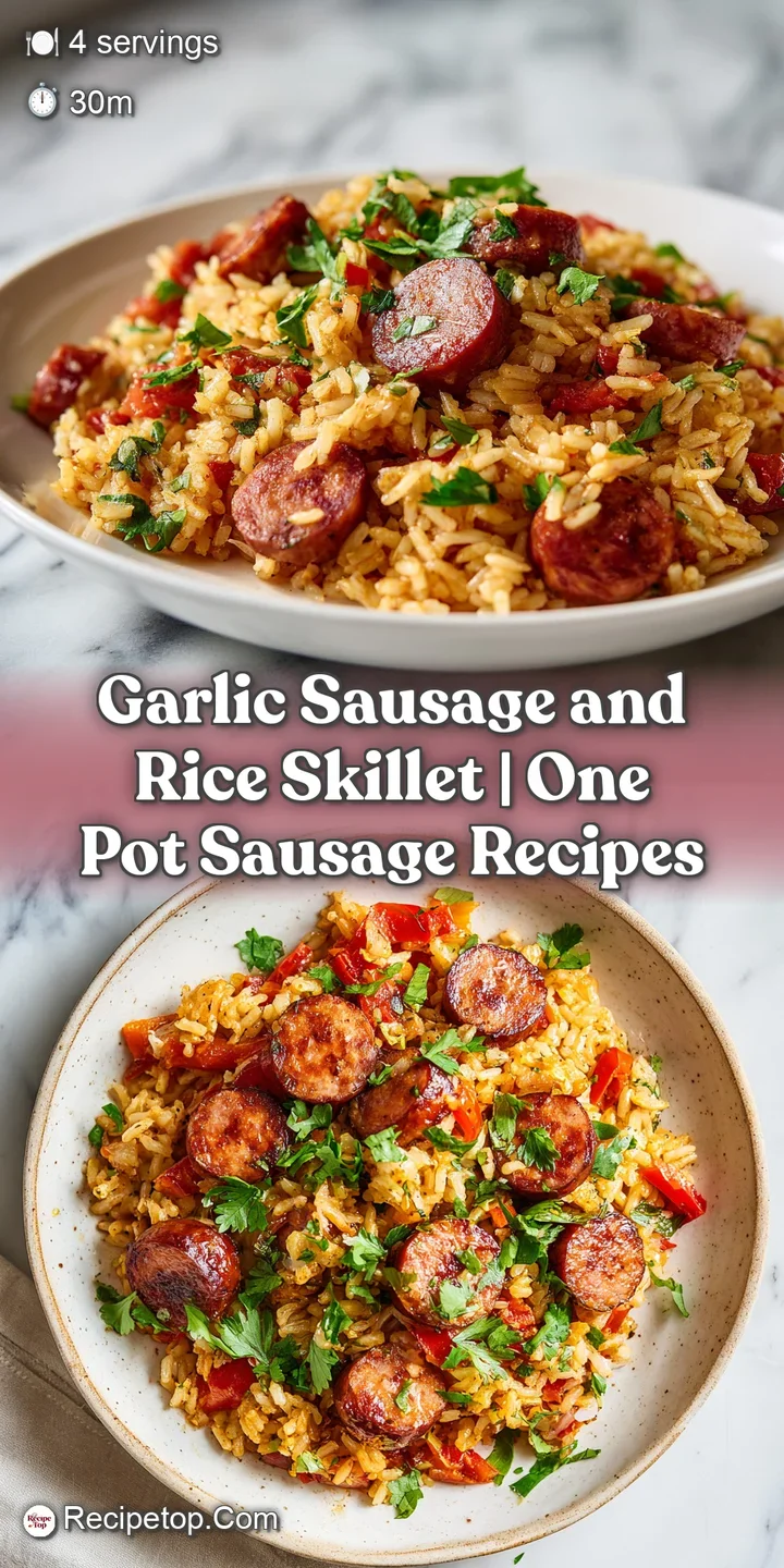 Close-up of golden-brown sausage chunks nestled in warm, aromatic rice, glistening with savory juices.