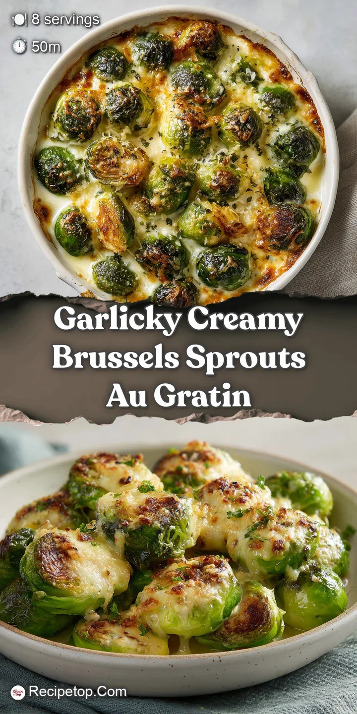 Close-up on bubbling hot Brussels sprouts au gratin. Garlic and cheese create a delectable, savory, and comforting visual ...